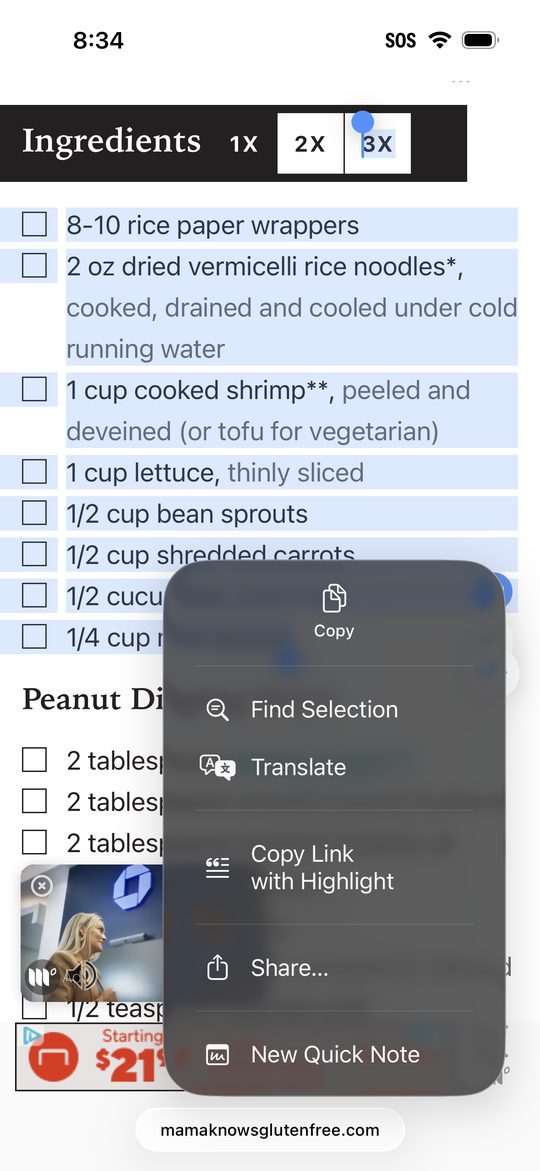 Ingredients highlighted on a recipe web page with the iOS Share option showing