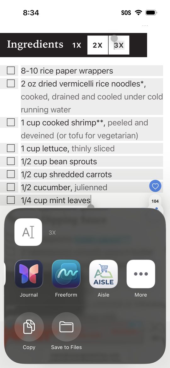 The iOS share sheet with Aisle shown as a destination app