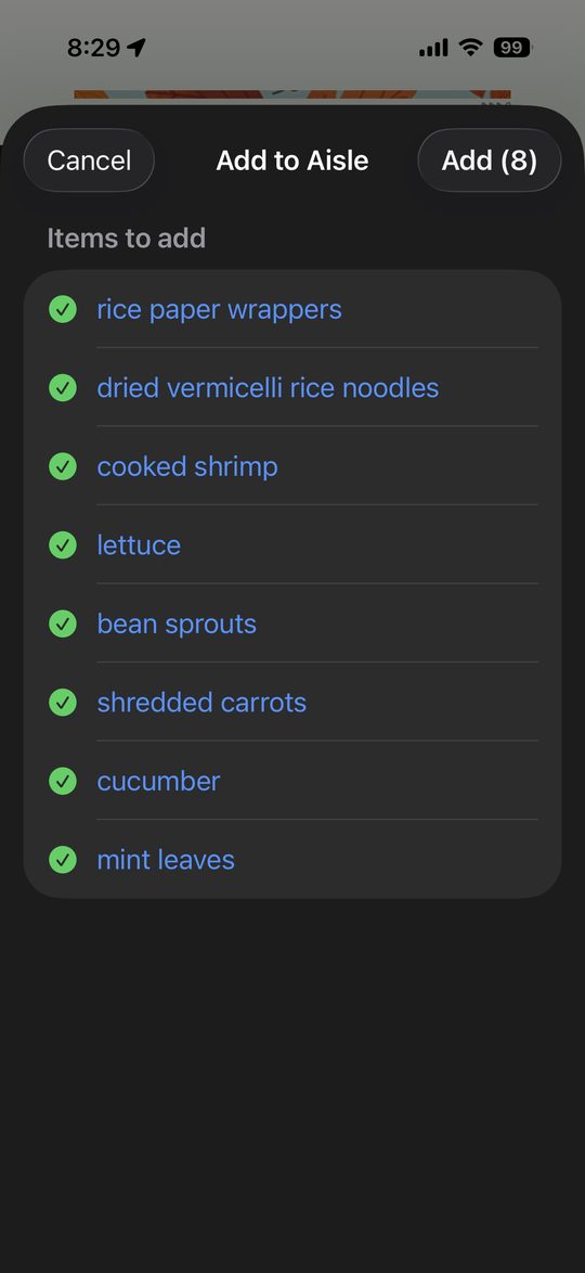 Aisle's Add to Aisle sheet listing the parsed ingredients ready to add